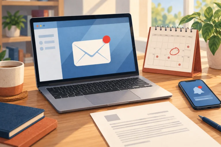 Conceptual illustration of a laptop with envelope, phone alert, calendar and neutral administrative document