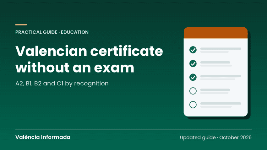 València Informada graphic with the title of the guide to getting a Valencian language certificate without an exam
