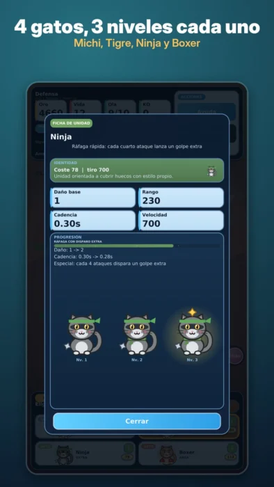Ficha del Ninja: alcance, cadencia y cómo mejora en sus tres niveles.