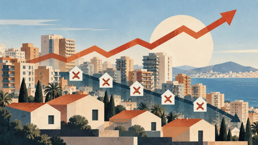Ilustración editorial sobre la subida del precio de la vivienda y la caída de las compraventas
