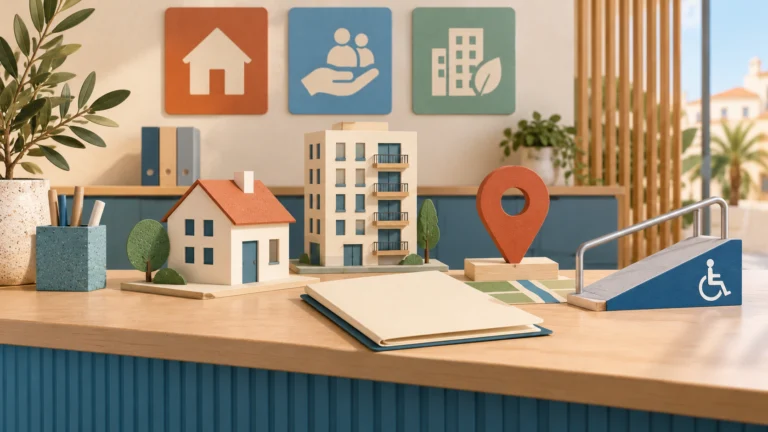 Conceptual housing counter with model house and apartment block, folder, map and ramp